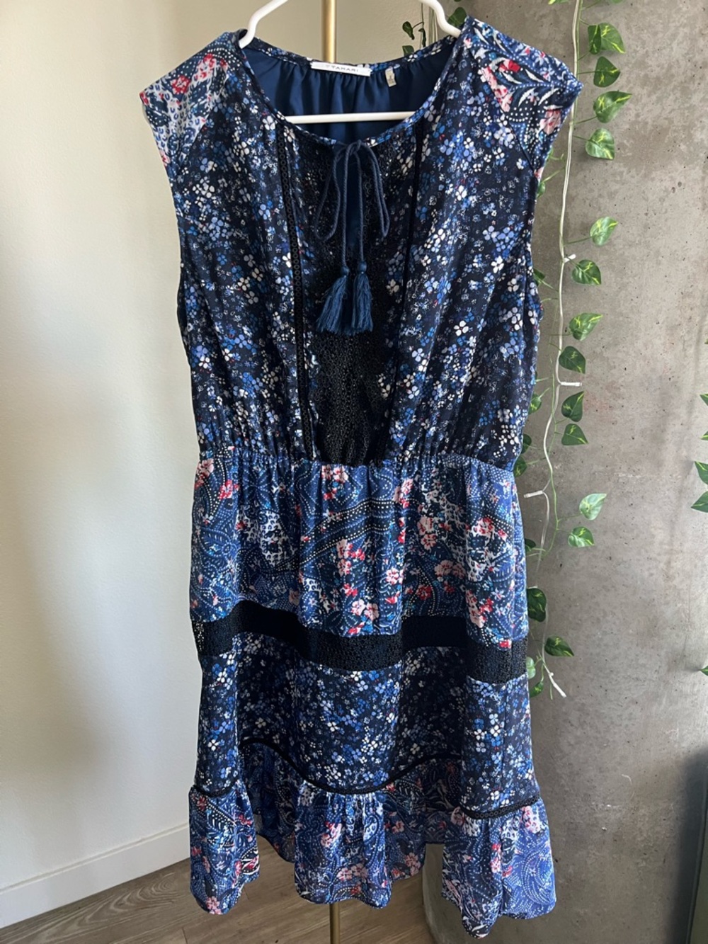 Tahari Navy Floral Tie-Neck Tiered Dress